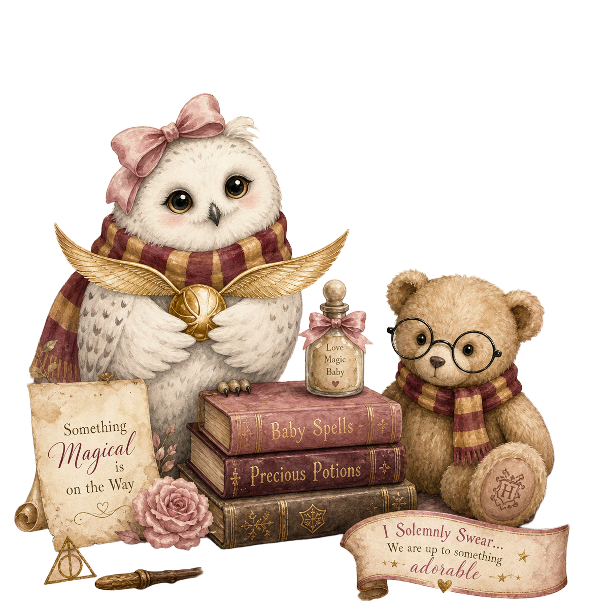 Illustrated owl with a golden snitch and a teddy bear wearing round glasses beside stacked spellbooks